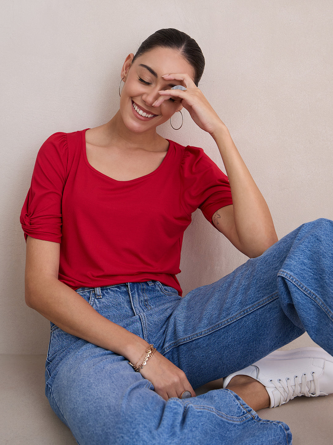 Red Knit Knotted Sleeves Top