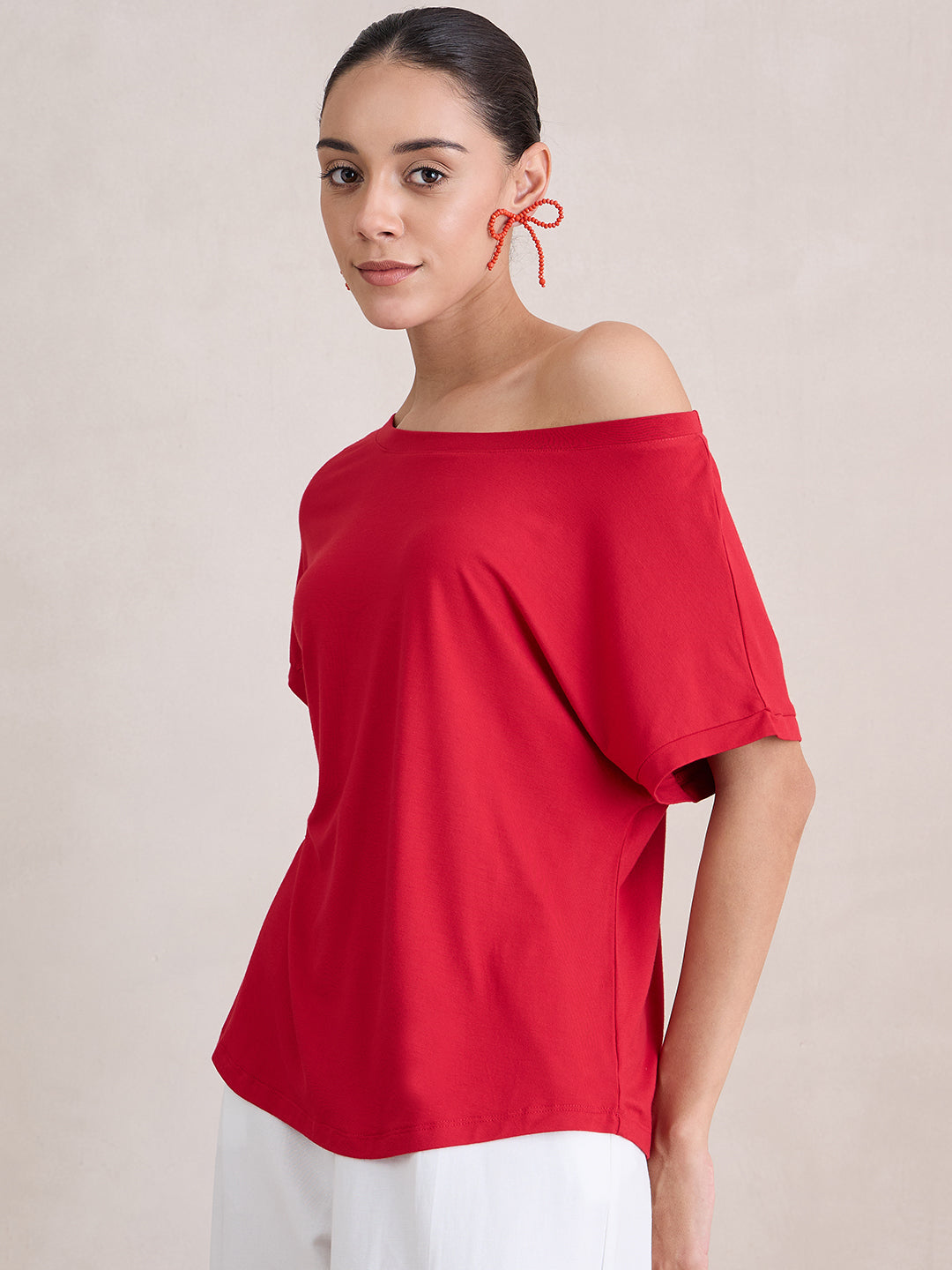 Red Knit Off Shoulder Top