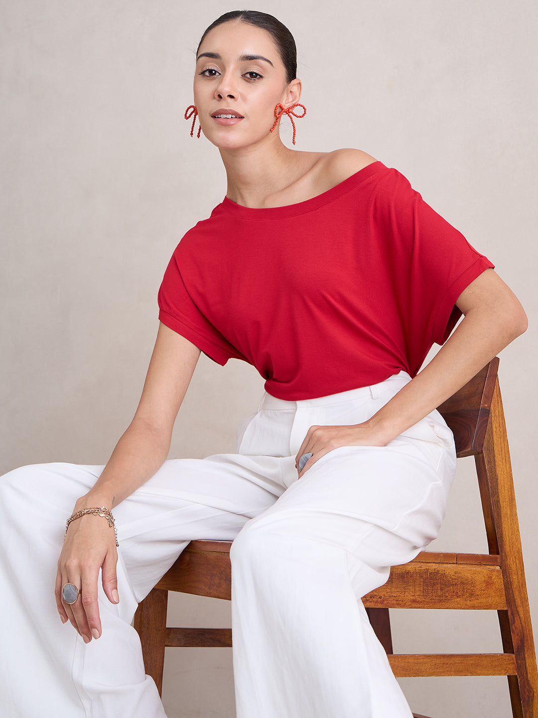 Red Knit Off Shoulder Top