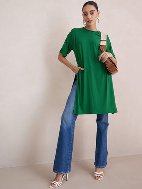 Green Knit Slit Detail Top