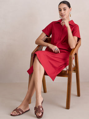 Red Poplin Button Down Midi Dress