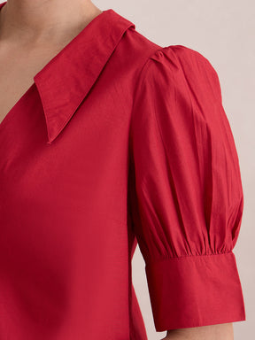 Red Cotton Poplin V-Neck Midi Dress