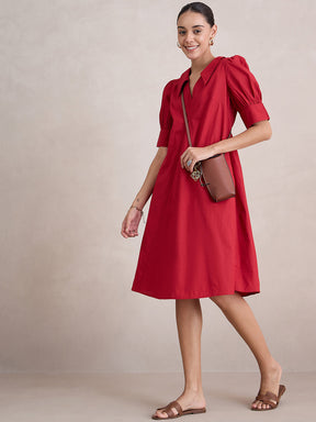 Red Cotton Poplin V-Neck Midi Dress