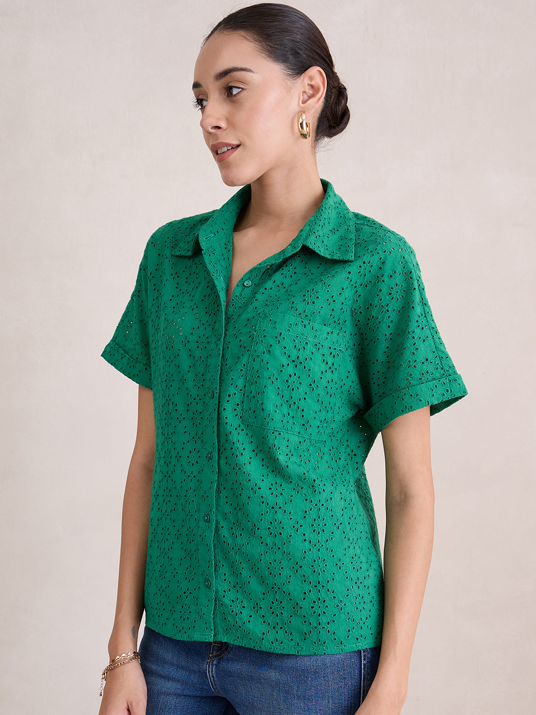 Green Cotton Schiffli Shirt