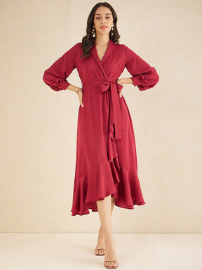 Red Satin Belted Wrap Maxi Dress