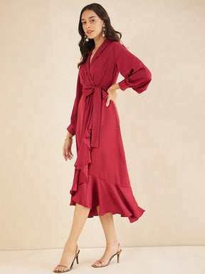 Red Satin Belted Wrap Maxi Dress
