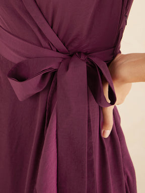 Wine Satin Belted Wrap Maxi Dress