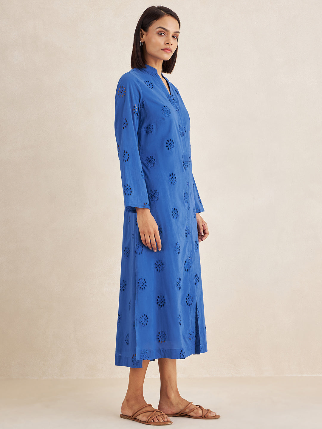 Blue Cotton Schiffli Shirt Maxi Dress