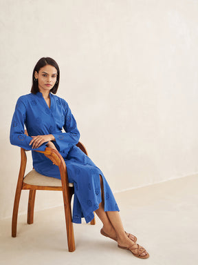 Blue Cotton Schiffli Shirt Maxi Dress