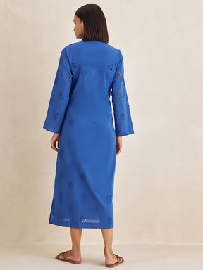 Blue Cotton Schiffli Shirt Maxi Dress