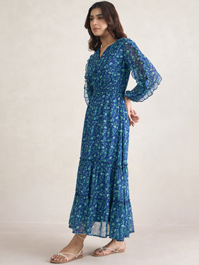 Blue Floral Printed Ruffle Detail Maxi Dress