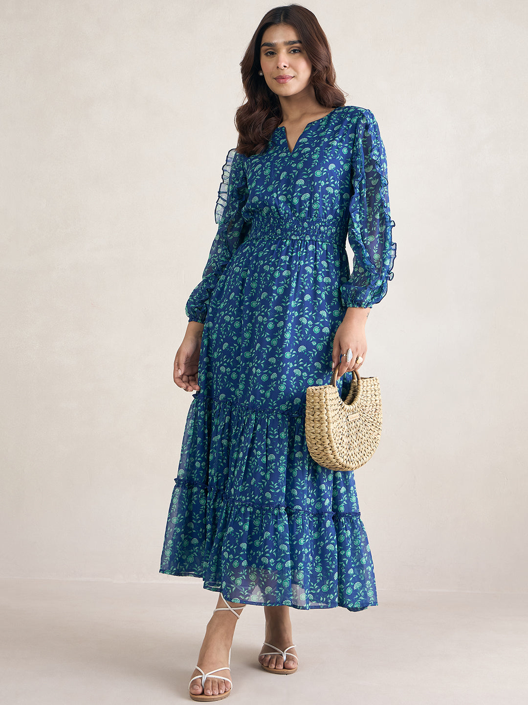 Blue Floral Printed Ruffle Detail Maxi Dress