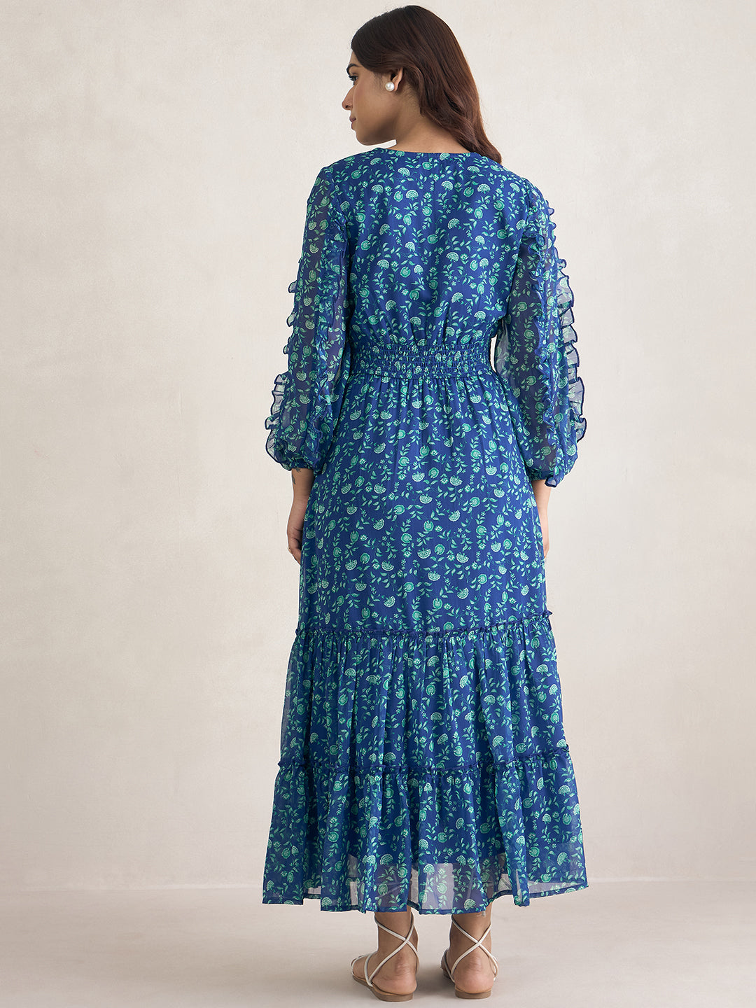 Blue Floral Printed Ruffle Detail Maxi Dress