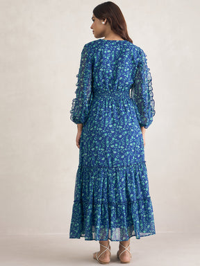 Blue Floral Printed Ruffle Detail Maxi Dress