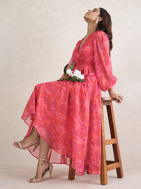 Orange And Pink Floral Printed Wrap Maxi Dress