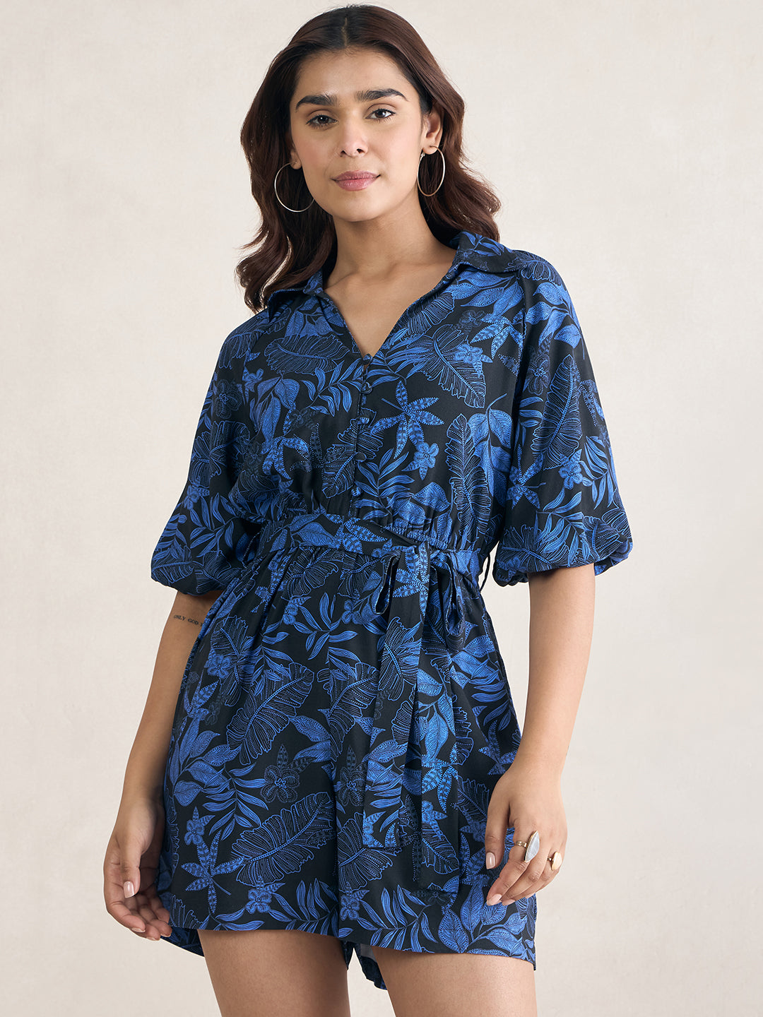 Black Tropical Print Puff Sleeve Playsuit