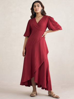 Red Wrap Ruffle Maxi Dress