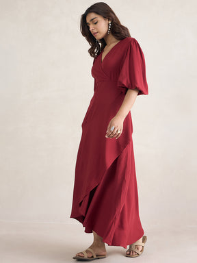 Red Wrap Ruffle Maxi Dress