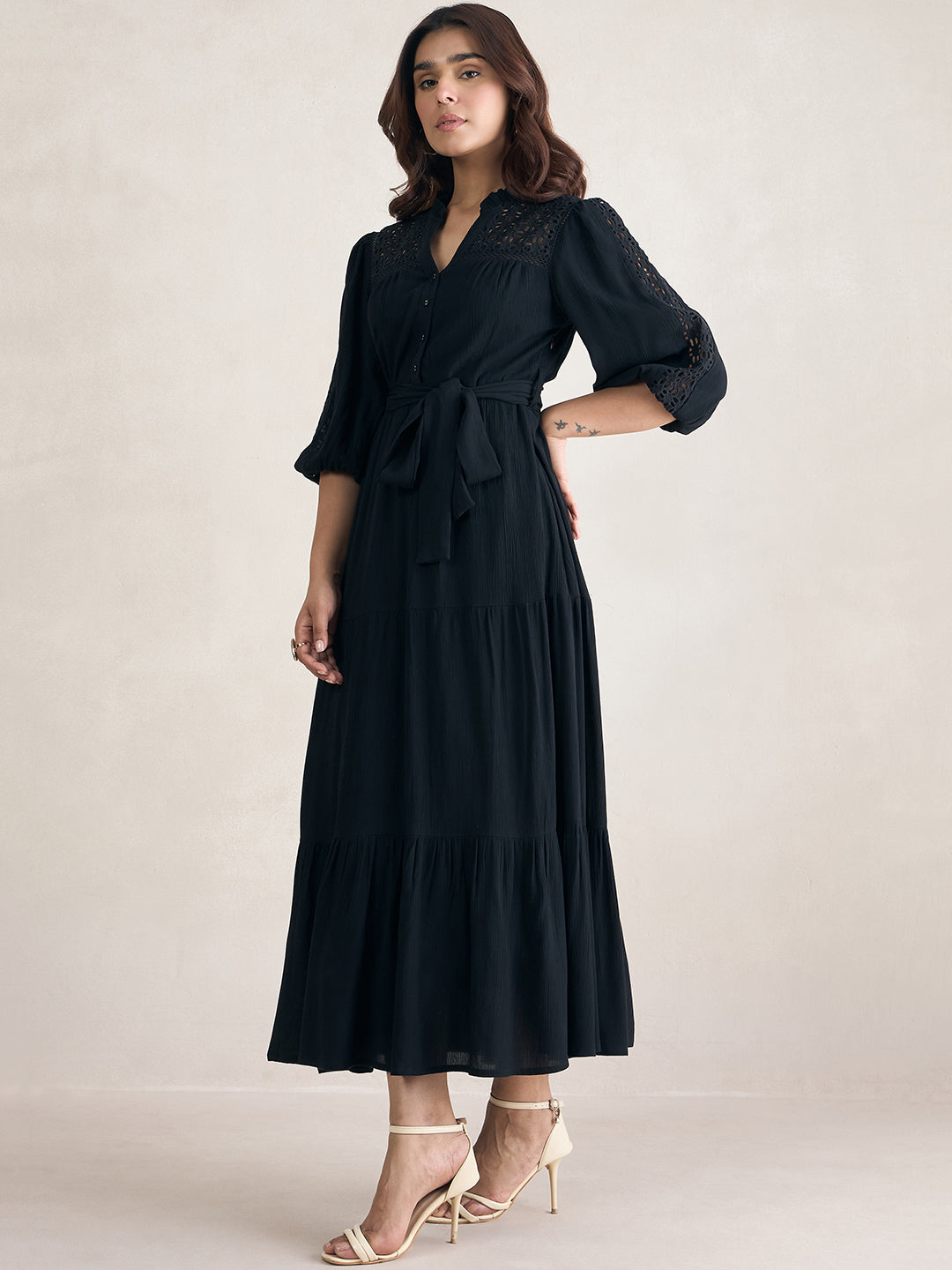 Black Schiffli Tiered Maxi Dress