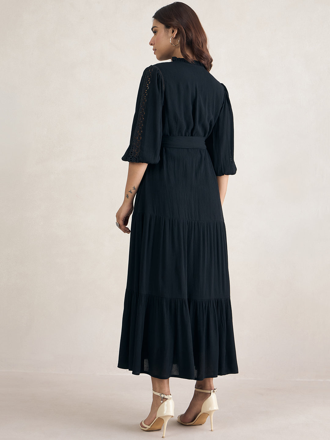 Black Schiffli Tiered Maxi Dress