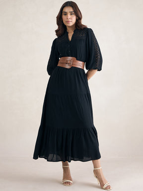 Black Schiffli Tiered Maxi Dress