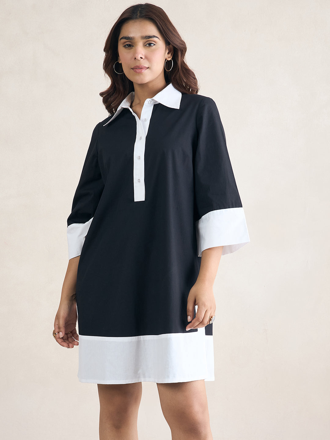 Black Colorblock Knee Length Shirt Dress