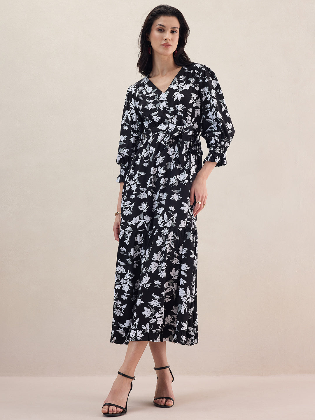 Black Floral Printed Tiered Maxi Dress