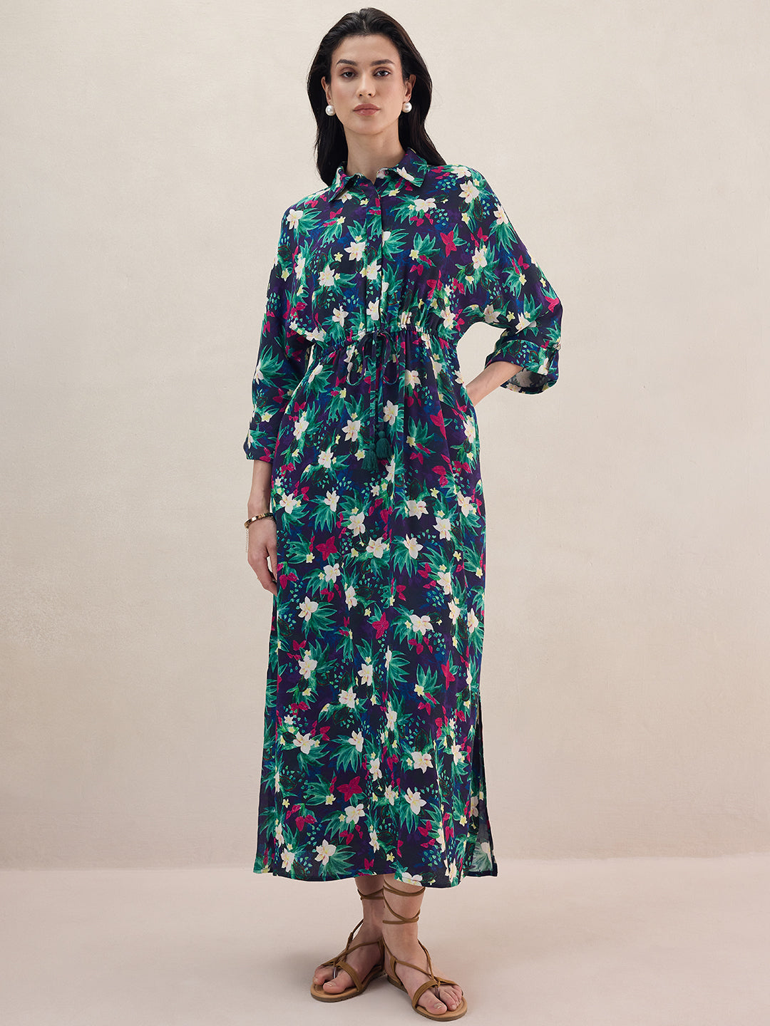 Black Tropical Printed Crinkled Shirt Maxi Dress