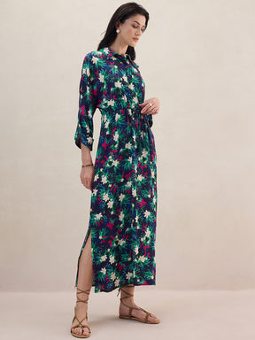 Black Tropical Printed Crinkled Shirt Maxi Dress