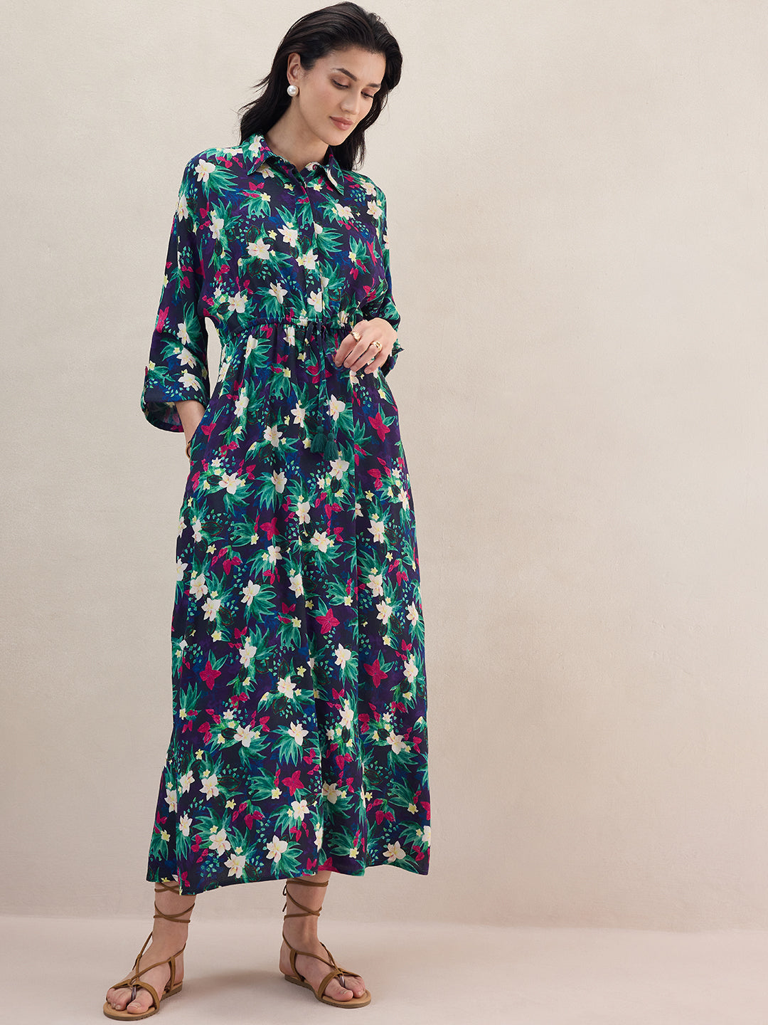 Black Tropical Printed Crinkled Shirt Maxi Dress