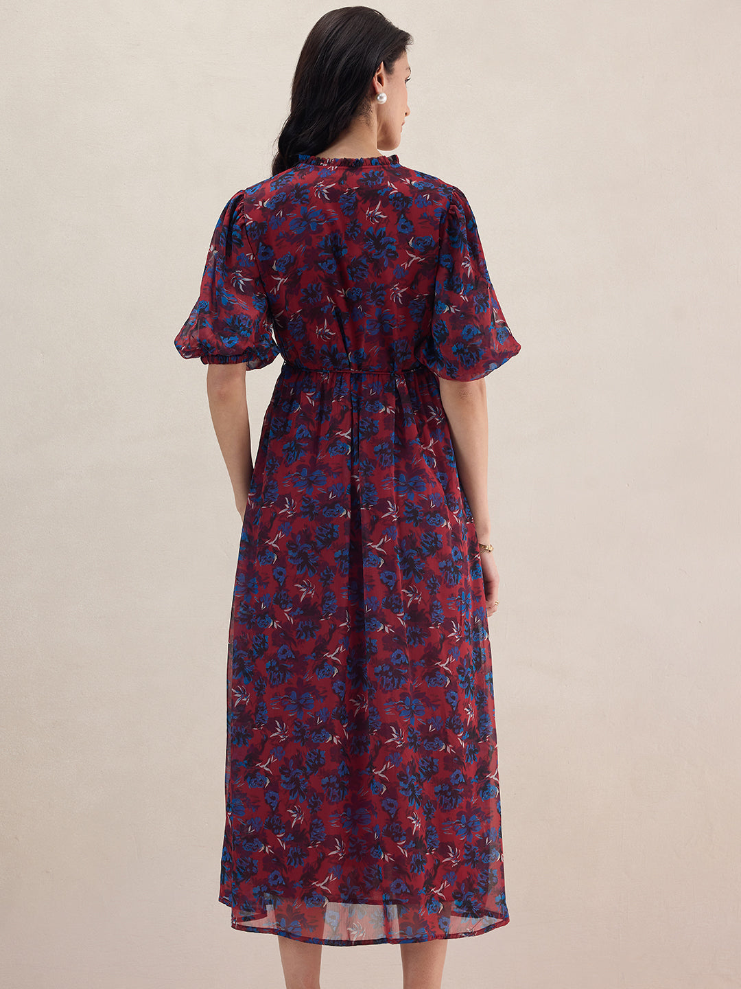 Red Floral Puff Sleeve Maxi Dress