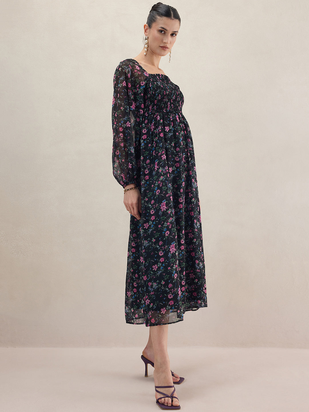 Black Floral Smocked Maxi Dress