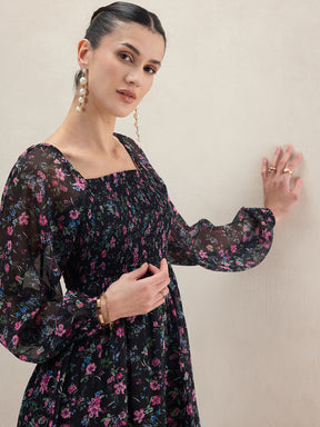 Black Floral Smocked Maxi Dress