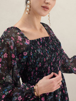 Black Floral Smocked Maxi Dress