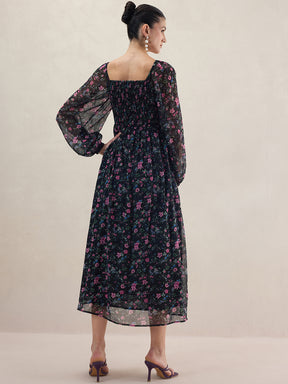 Black Floral Smocked Maxi Dress