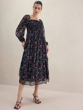 Black Floral Smocked Maxi Dress