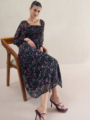 Black Floral Smocked Maxi Dress