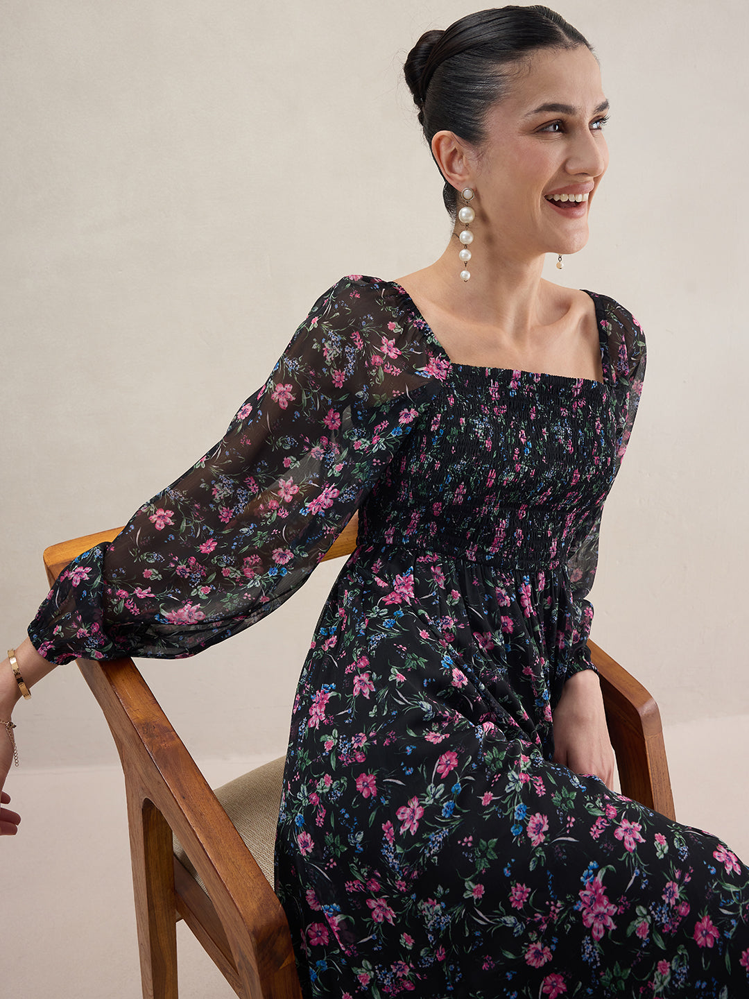 Black Floral Smocked Maxi Dress