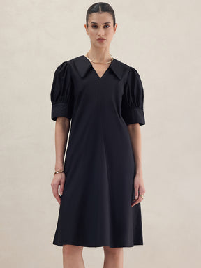 Black Cotton Poplin V Neck Midi Dress