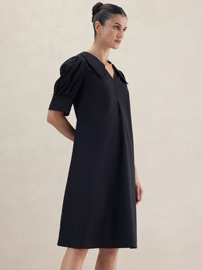 Black Cotton Poplin V Neck Midi Dress