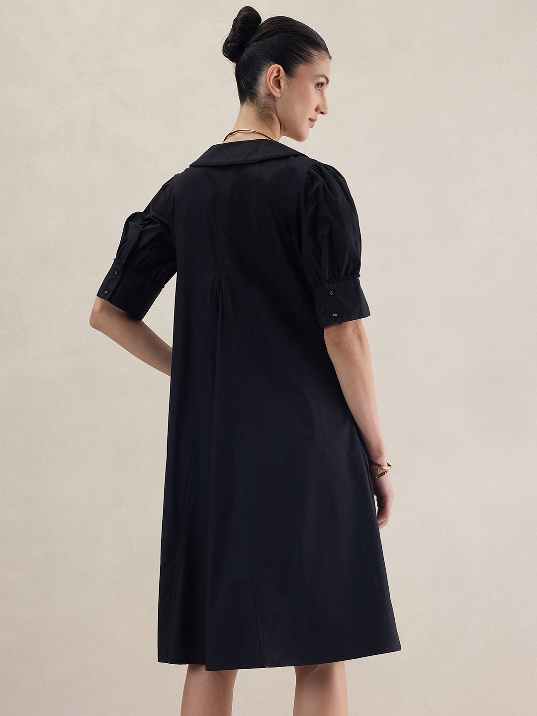 Black Cotton Poplin V Neck Midi Dress