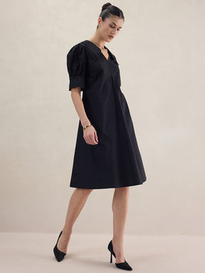 Black Cotton Poplin V Neck Midi Dress