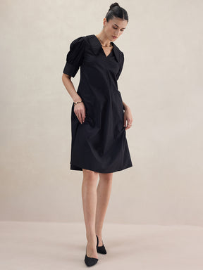 Black Cotton Poplin V Neck Midi Dress