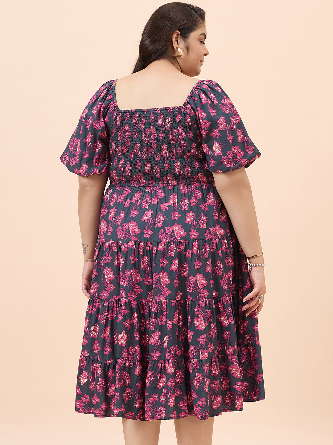 Black Floral Print Smocked Midi Dress