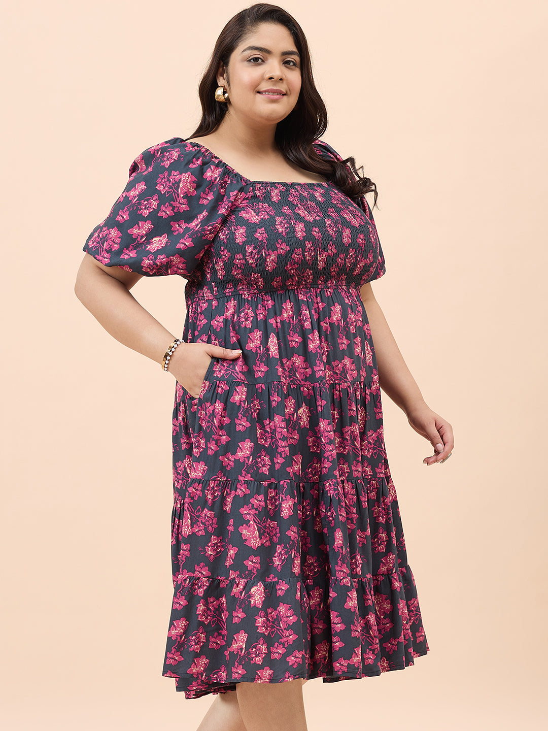 Black Floral Print Smocked Midi Dress