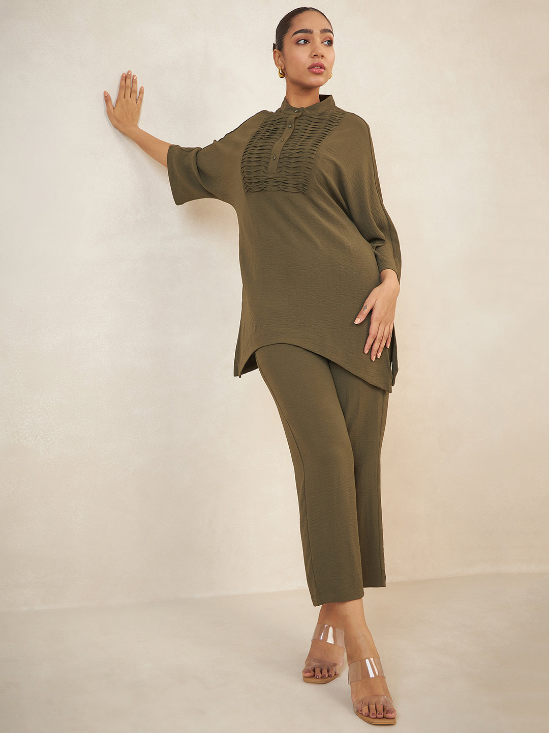 Olive Yoke Detail Co-Ord Set