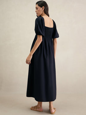 Black Cotton Puff Sleeves Maxi Dress