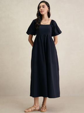 Black Cotton Puff Sleeves Maxi Dress