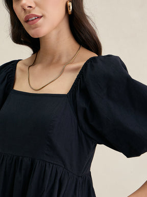 Black Cotton Puff Sleeves Maxi Dress