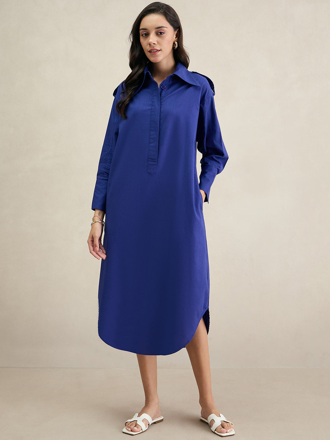 Blue Cotton Shirt Maxi Dress